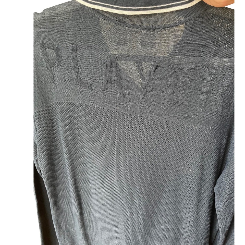 Versace Sport Vtg 90s Navy Polo Sweater "Player" Back White Tip Mesh US Size M